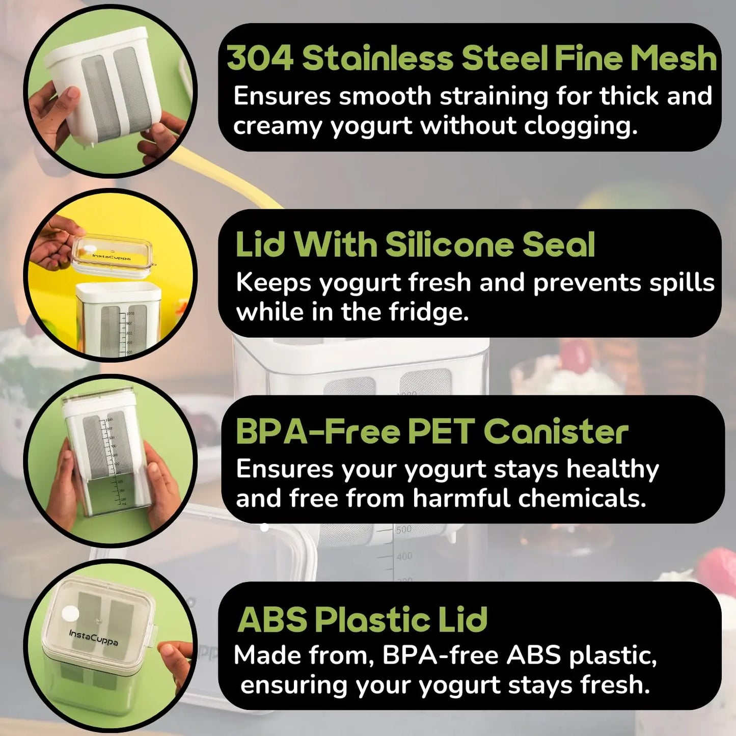 InstaCuppa Greek Yogurt Maker – 1100 ml Multipurpose Yogurt Strainer with Stainless Steel Fine Mesh, BPA-Free Transparent Canister & Lid, Hung Curd & Cheese Maker for Home, Easy to Use for Busy Moms 