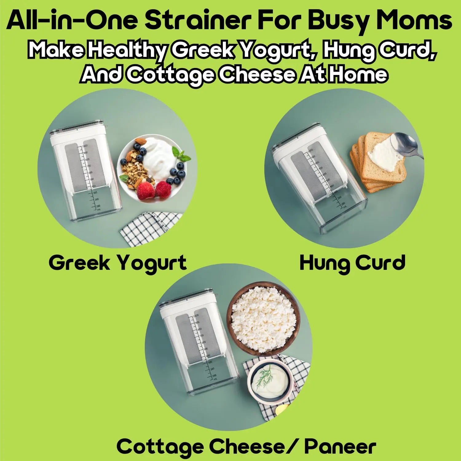 InstaCuppa Greek Yogurt Maker – 1100 ml Multipurpose Yogurt Strainer with Stainless Steel Fine Mesh, BPA-Free Transparent Canister & Lid, Hung Curd & Cheese Maker for Home, Easy to Use for Busy Moms 