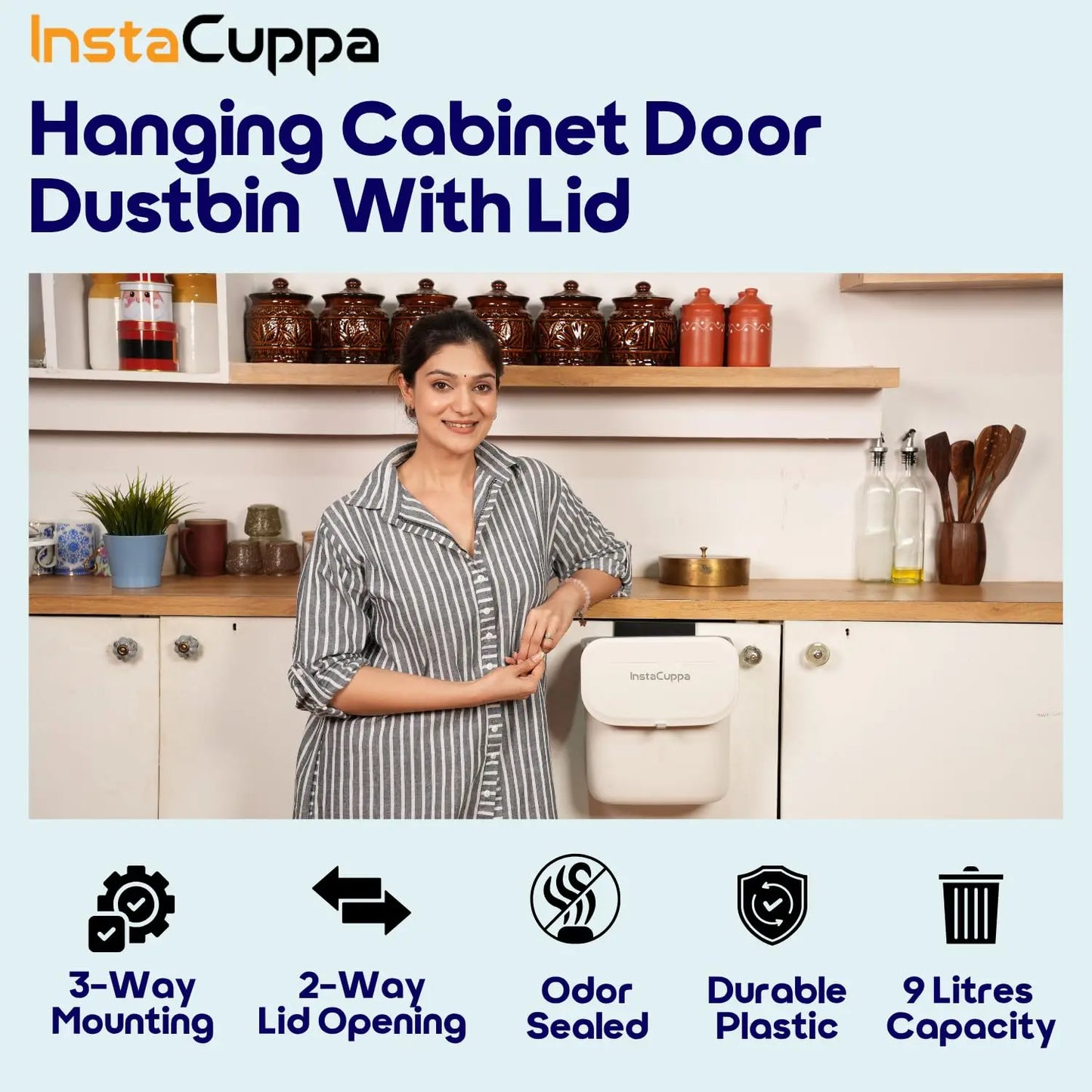 InstaCuppa Hanging Cabinet Door Dustbin with Lid - Indian Mom in Kitchen with 3-Way Mounting, 2-Way Lid Opening, Odor Sealed 9 Litre Plastic Trash Can