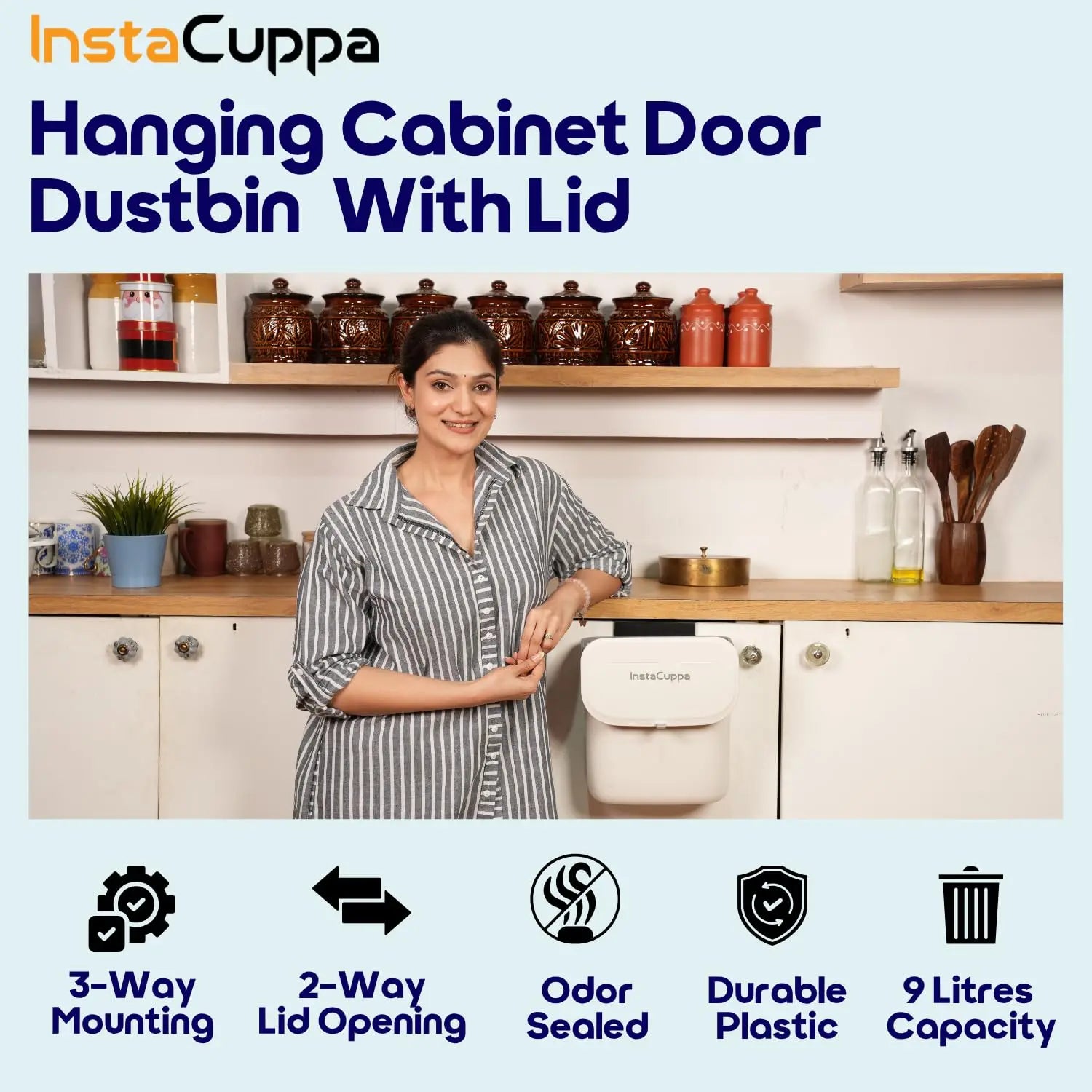 InstaCuppa Hanging Cabinet Door Dustbin with Lid - Indian Mom in Kitchen with 3-Way Mounting, 2-Way Lid Opening, Odor Sealed 9 Litre Plastic Trash Can