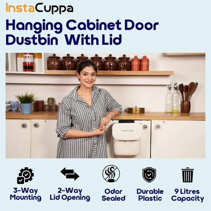 InstaCuppa Hanging Cabinet Door Dustbin with Lid - Indian Mom in Kitchen with 3-Way Mounting, 2-Way Lid Opening, Odor Sealed 9 Litre Plastic Trash Can