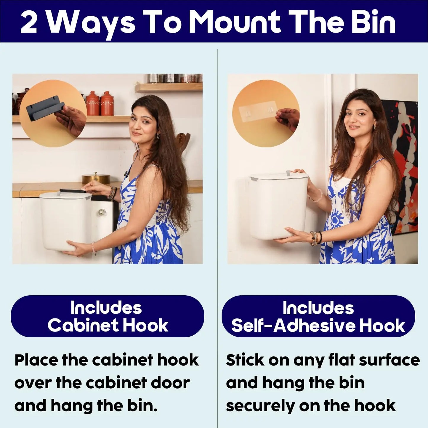 2 Ways to Mount InstaCuppa Hanging Trash Can - Cabinet Hook and Self-Adhesive Wall Hook Installation Options for Kitchen Dustbin