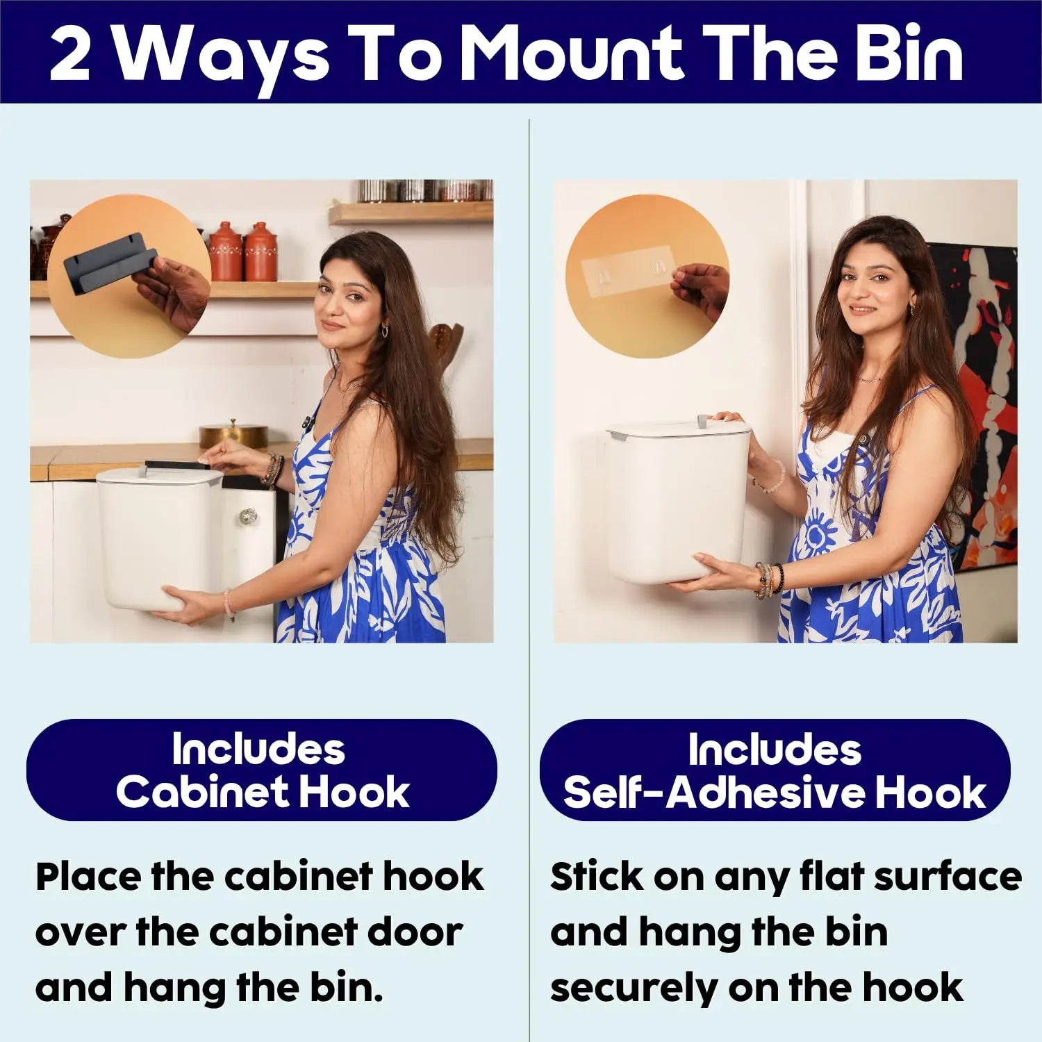 2 Ways to Mount InstaCuppa Hanging Trash Can - Cabinet Hook and Self-Adhesive Wall Hook Installation Options for Kitchen Dustbin