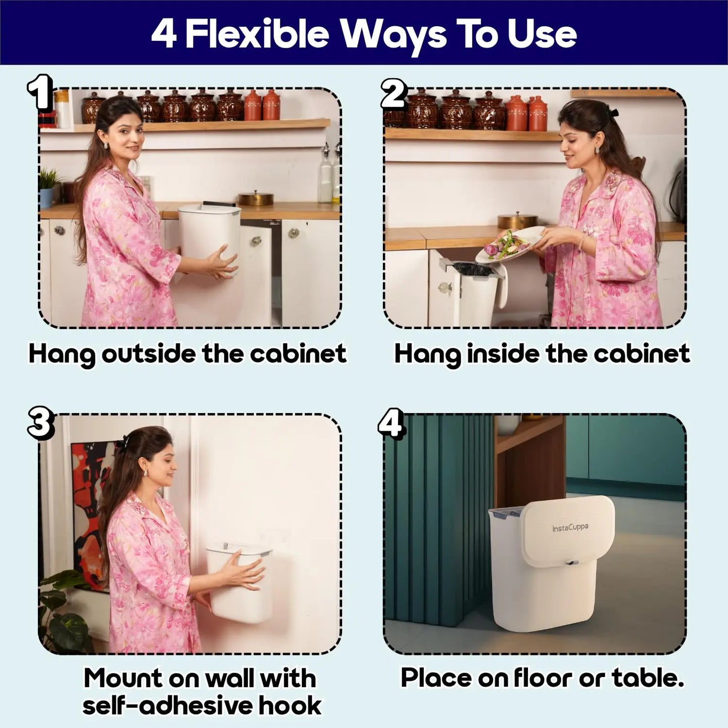 4 Flexible Ways to Use InstaCuppa Hanging Garbage Bin - Hang Outside Cabinet, Inside Cabinet, Wall Mount with Adhesive Hook, or Place on Floor