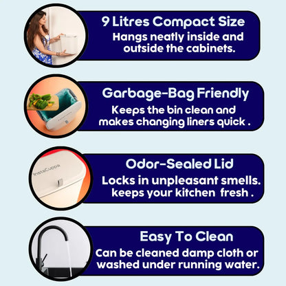 InstaCuppa Hanging Dustbin Features - 9 Litres Compact Size, Garbage Bag Friendly, Odor-Sealed Lid, Easy to Clean Under Running Water