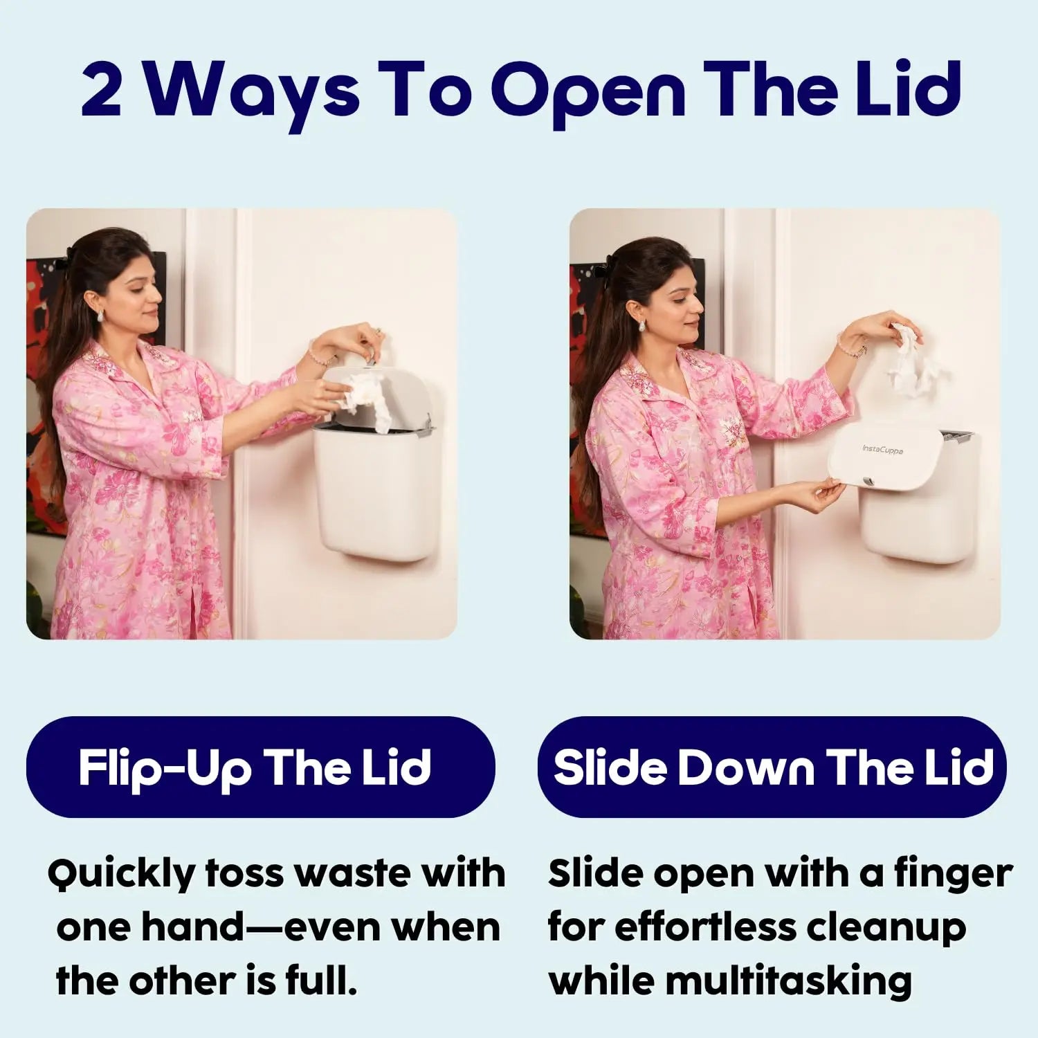 2 Ways to Open InstaCuppa Hanging Trash Can Lid - Flip Up for Quick Toss or Slide Down for One-Handed Multitasking Kitchen Use