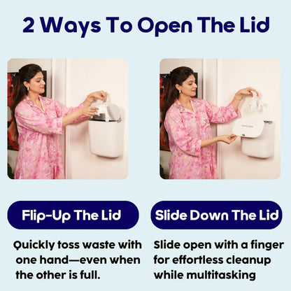 2 Ways to Open InstaCuppa Hanging Trash Can Lid - Flip Up for Quick Toss or Slide Down for One-Handed Multitasking Kitchen Use