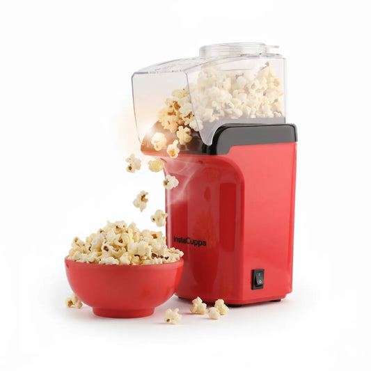InstaCuppa Electric Hot Air Popcorn Maker 1200W Red Front View with Transparent Chute InstaPop Air Edition