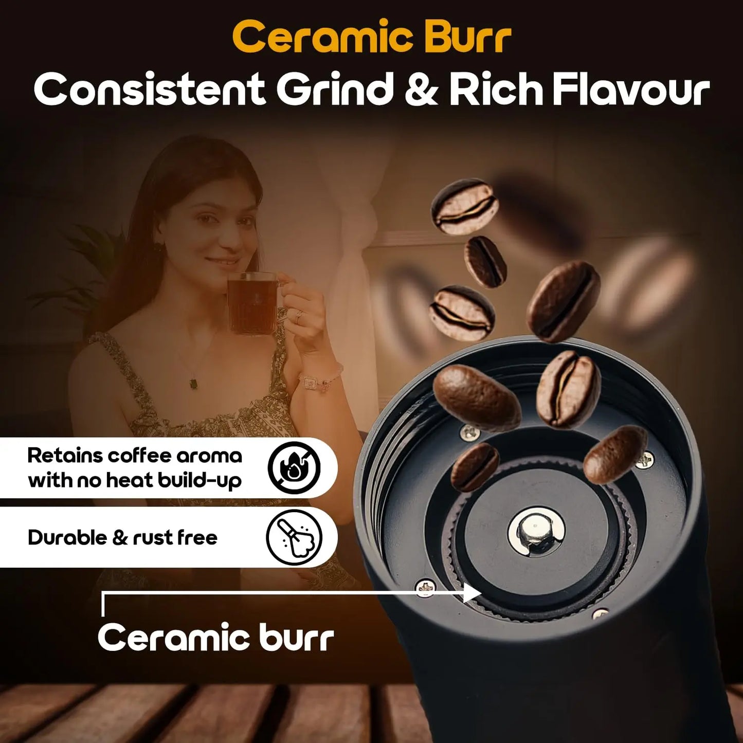 InstaCuppa ceramic burr manual coffee grinder close-up, consistent grind for rich flavor and aroma in every cup - InstaGrind Manual Pro