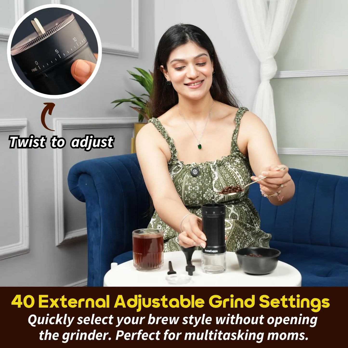 InstaCuppa manual coffee bean grinder with adjustable settings, mom scooping beans for fresh home brew on sofa table - InstaGrind Manual Pro