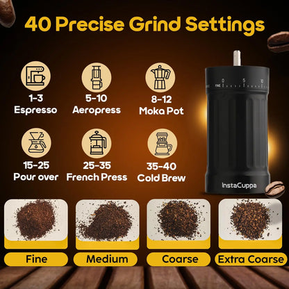 InstaCuppa manual coffee bean grinder with twist-to-adjust external grind settings ring, perfect for espresso to cold brew coffee - 40 adjustable grind settings - InstaGrind Manual Pro
