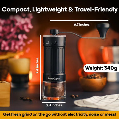 InstaCuppa portable manual coffee grinder measuring 7.4 x 2.3 inches and weighing 340g, ideal travel-friendly coffee grinding tool - InstaGrind Manual Pro
