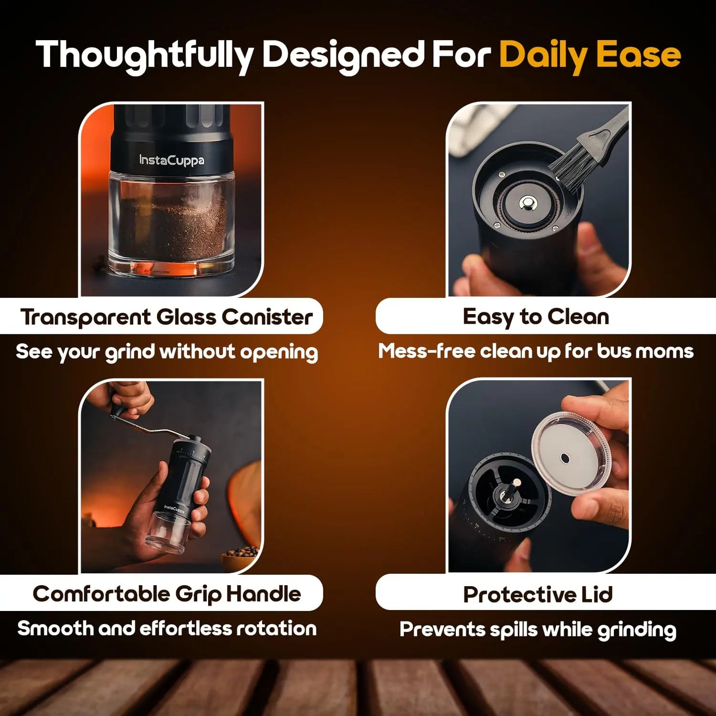 InstaCuppa manual coffee grinder with glass jar, ergonomic handle and protective lid, easy to clean for daily home coffee - InstaGrind Manual Pro