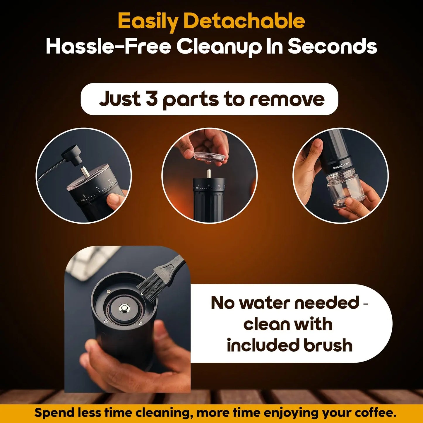 InstaCuppa adjustable manual grinder with three detachable parts disassembled for quick dry-brush cleaning without water required - - InstaGrind Manual Pro