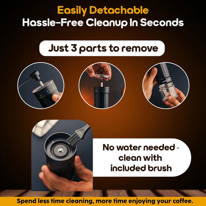 InstaCuppa adjustable manual grinder with three detachable parts disassembled for quick dry-brush cleaning without water required - - InstaGrind Manual Pro