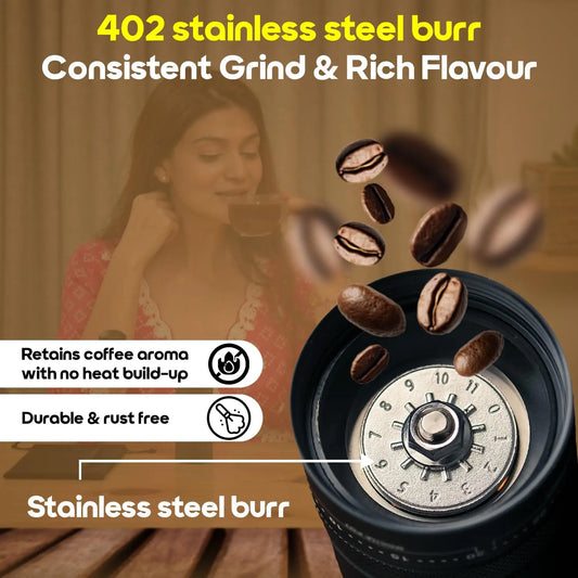 InstaCuppa Manual Coffee Grinder for Espresso with 402 Grade Stainless Steel Burr for consistent grind & rich flavour