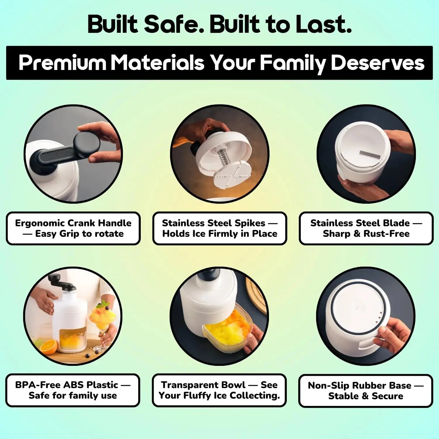 InstaCuppa Manual Ice Shaver premium materials - ergonomic handle stainless steel blade BPA-free plastic non-slip base