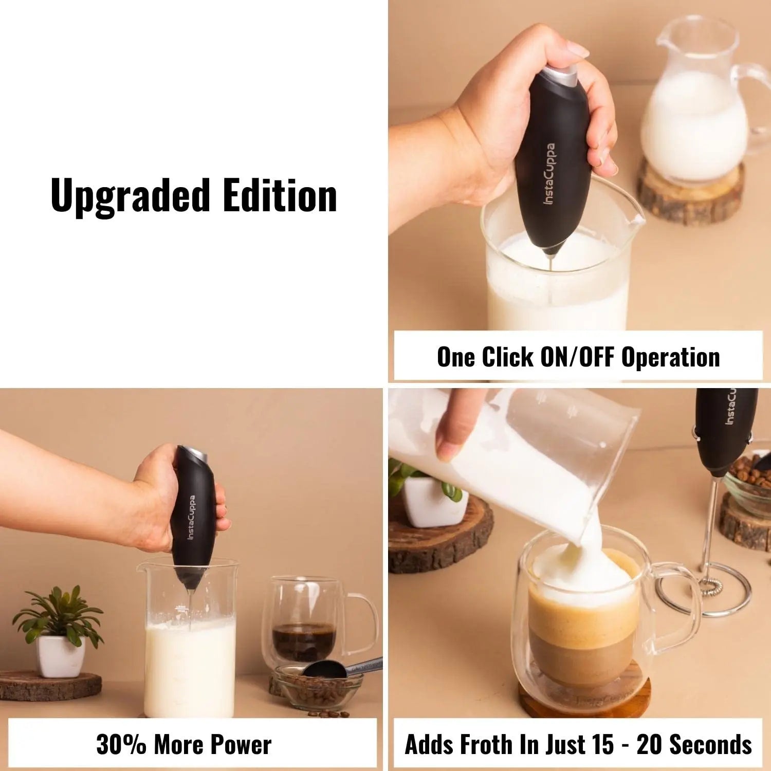 InstaCuppa Milk Frother for Coffee - Handheld Battery Operated Electric Milk and Coffee Frother, Portable Foam Maker with Stainless Steel Stand 