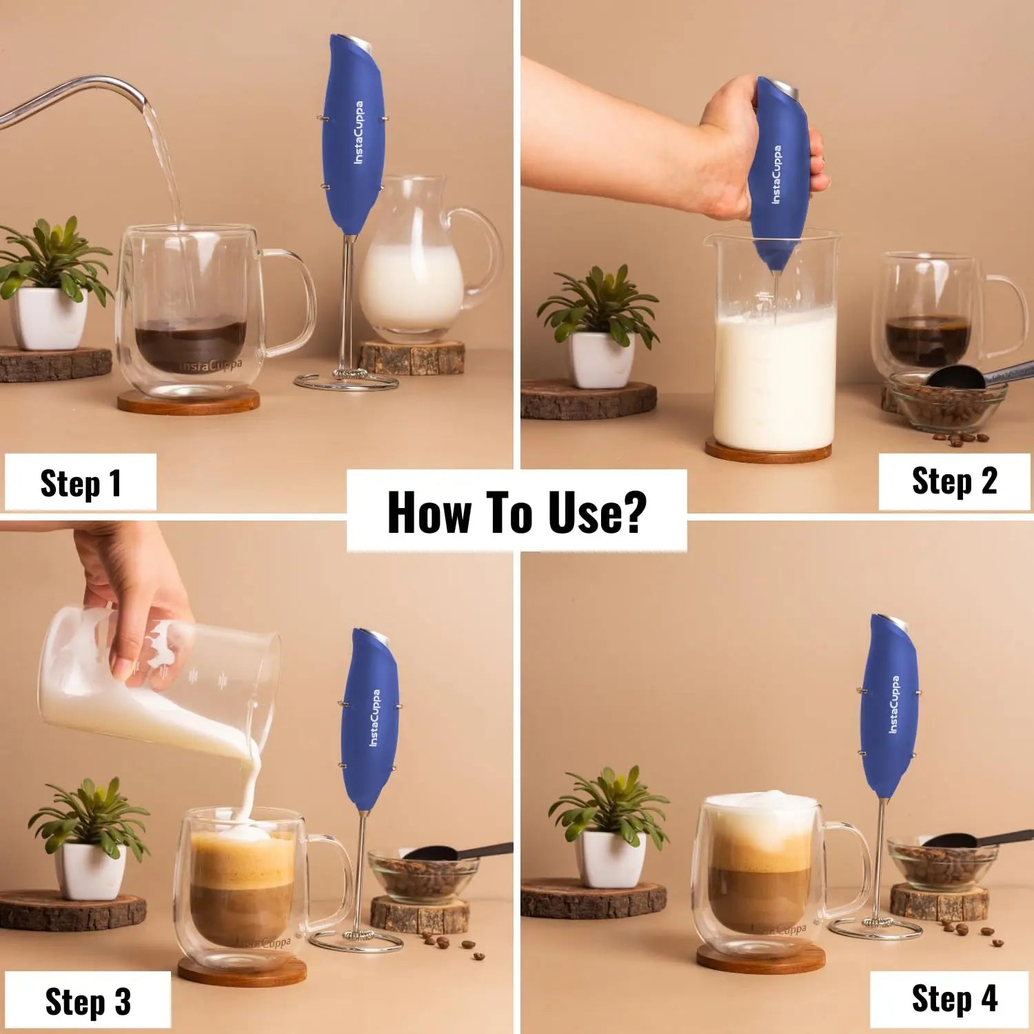 InstaCuppa Milk Frother for Coffee - Handheld Battery-Operated Electric Milk and Coffee Frother, Stainless Steel Whisk and Stand, Portable Foam Maker for Coffee - Upgraded Version 