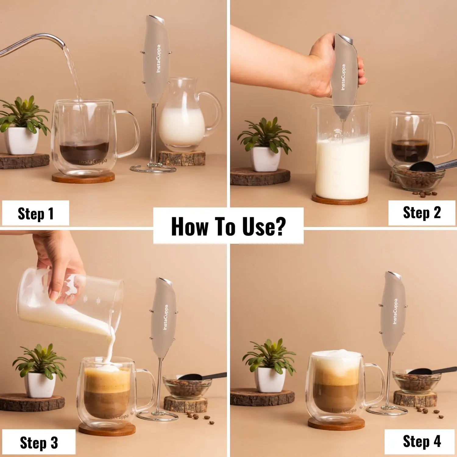 InstaCuppa Milk Frother for Coffee - Handheld Battery-Operated Electric Milk and Coffee Frother, Stainless Steel Whisk and Stand, Portable Foam Maker for Coffee - Upgraded Version 