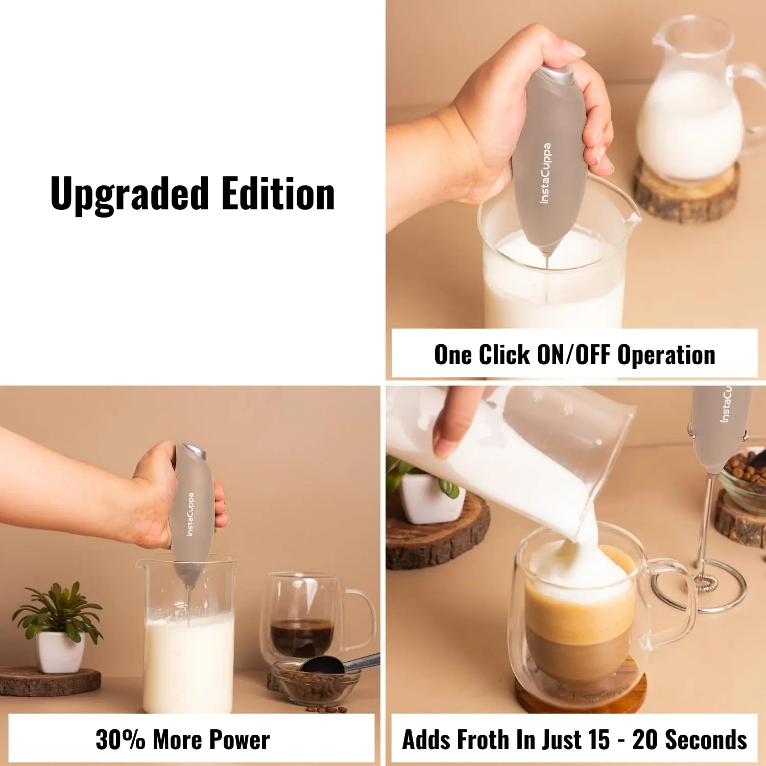 InstaCuppa Milk Frother for Coffee - Handheld Battery-Operated Electric Milk and Coffee Frother, Stainless Steel Whisk and Stand, Portable Foam Maker for Coffee - Upgraded Version 