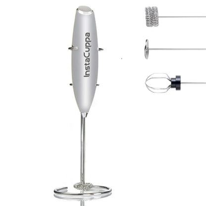 InstaCuppa Milk Frother for Coffee - Handheld Battery-Operated Electric Milk and Coffee Frother, Stainless Steel Whisk and Stand, Portable Foam Maker for Coffee, Cappuccino, Lattes, and Egg Beaters 