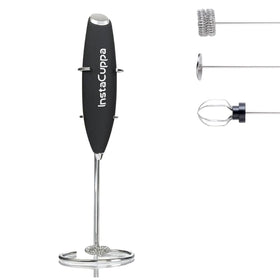 InstaCuppa coffee frother with stand and 3 whisk attachments on white background