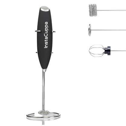 InstaCuppa coffee frother with stand and 3 whisk attachments on white background