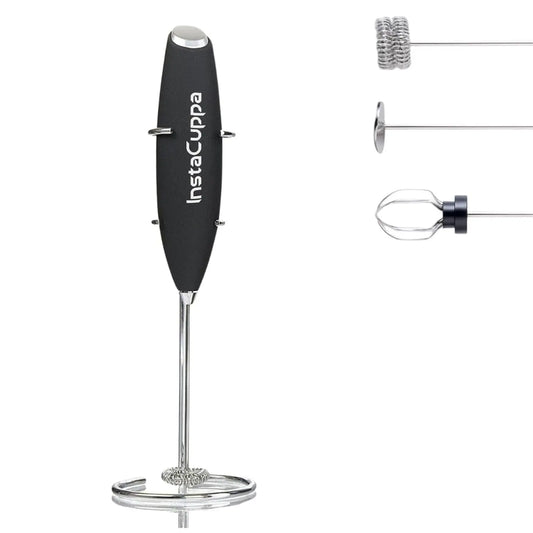 InstaCuppa coffee frother with stand and 3 whisk attachments on white background
