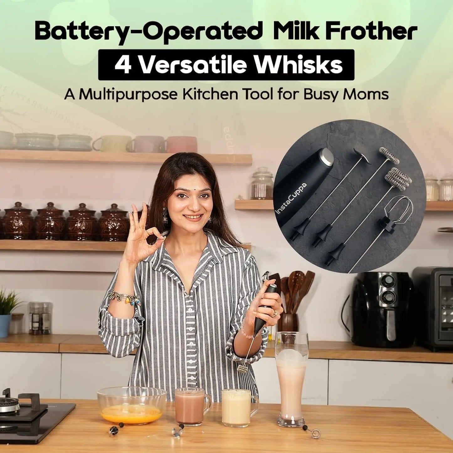 InstaCuppa coffee frother held by mom in kitchen with 4 versatile whisks - multipurpose tool