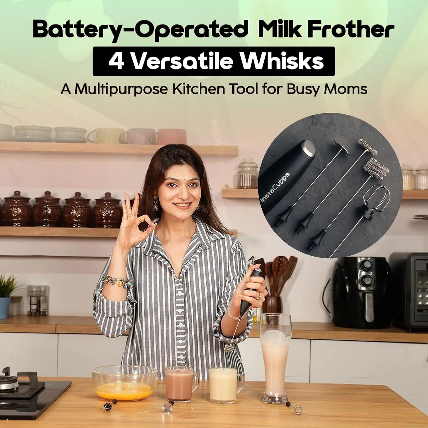 InstaCuppa coffee frother held by mom in kitchen with 4 versatile whisks - multipurpose tool