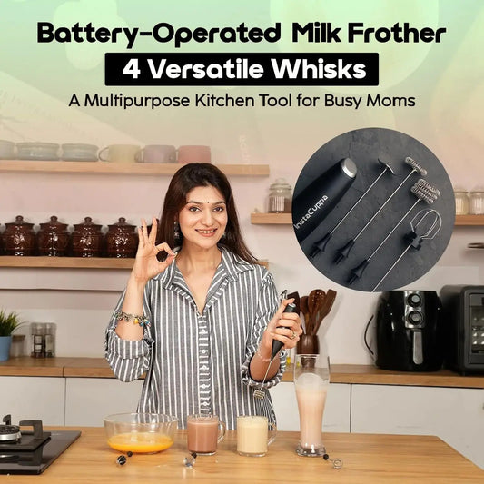 InstaCuppa coffee frother held by mom in kitchen with 4 versatile whisks - multipurpose tool