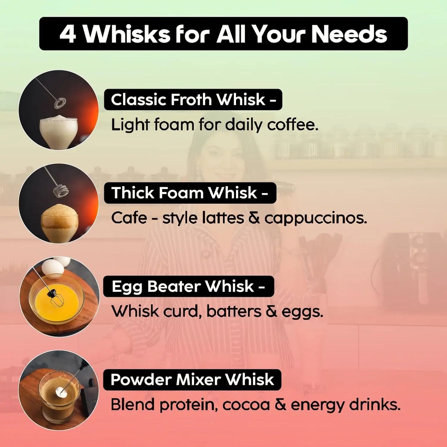 InstaCuppa coffee frother 4 whisks for all needs - classic froth, thick foam, egg beater, powder mixer