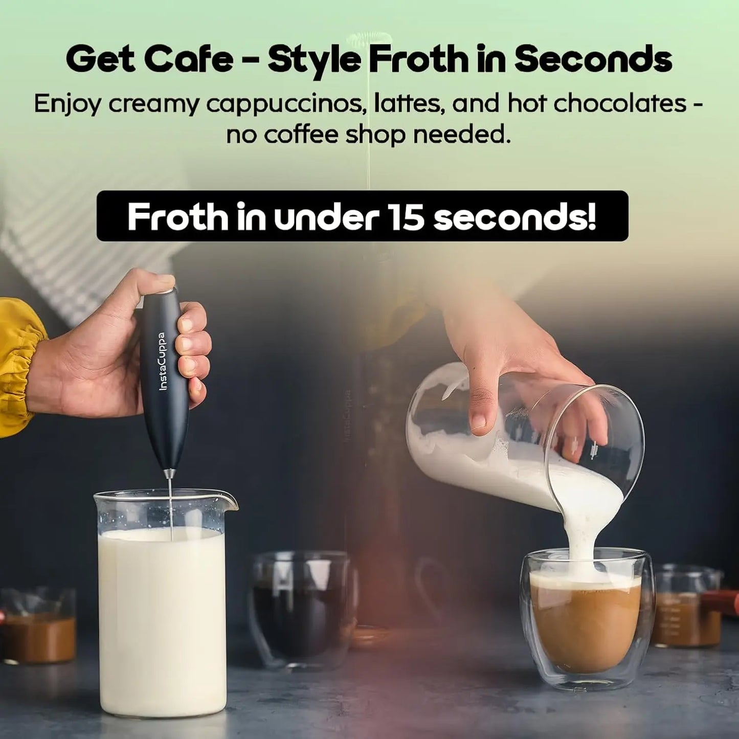 InstaCuppa coffee frother frothing milk and pouring into latte - cafe-style in under 15 seconds
