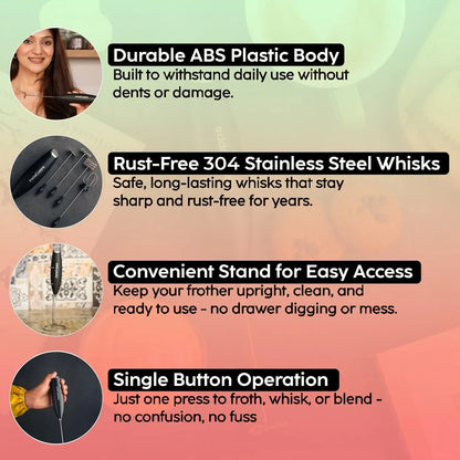 InstaCuppa coffee frother key features - ABS body, 304 steel whisks, stand, single button operation