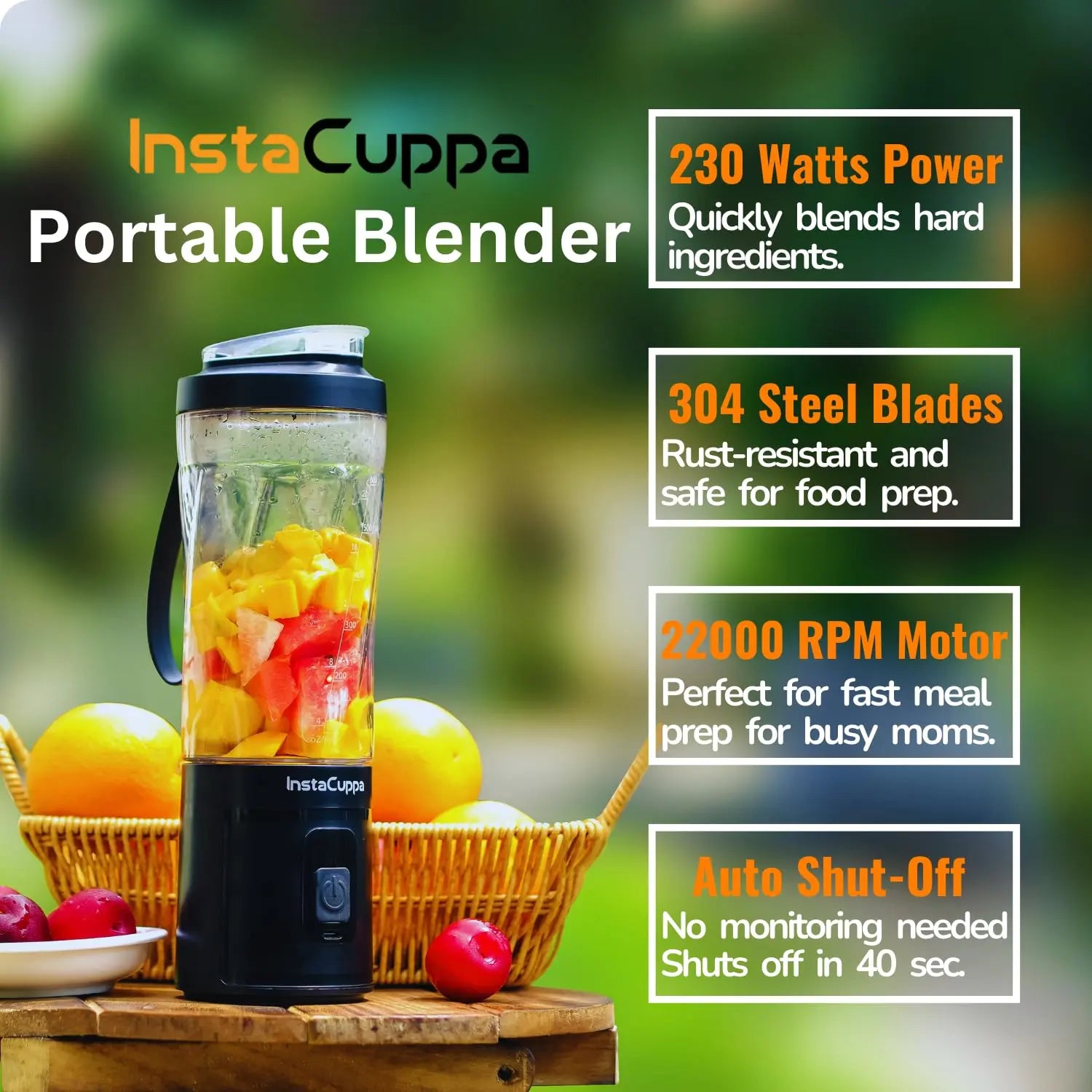 InstaCuppa Portable Blender Bottle | Long Lasting 6000 mAh Battery with Fast Charging | LED Display for Battery Status & 40-Second Blend Timer | Sipper Lid & Detachable Bottom Cap | 230 Watts, 600 ML 