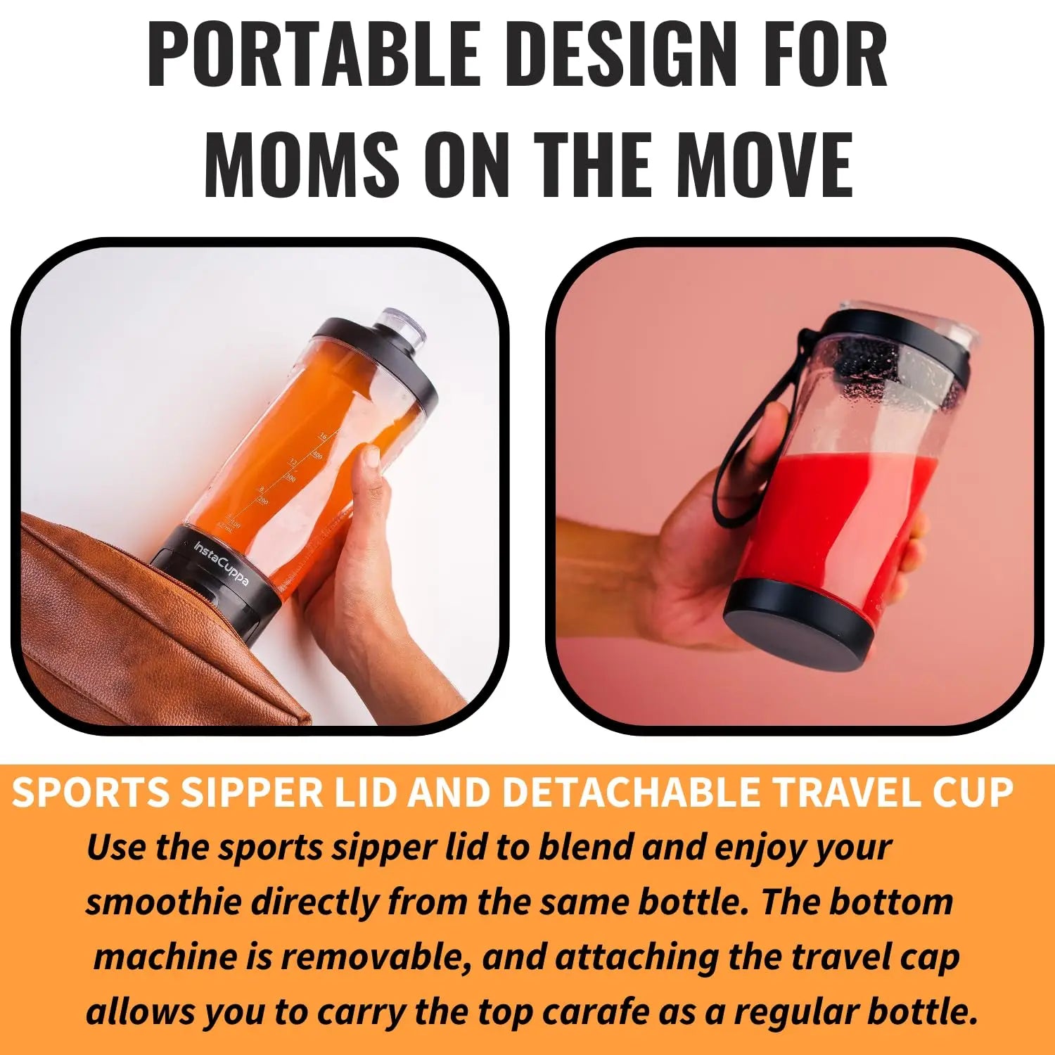 InstaCuppa Portable Blender Bottle | Long Lasting 6000 mAh Battery with Fast Charging | LED Display for Battery Status & 40-Second Blend Timer | Sipper Lid & Detachable Bottom Cap | 230 Watts, 600 ML 