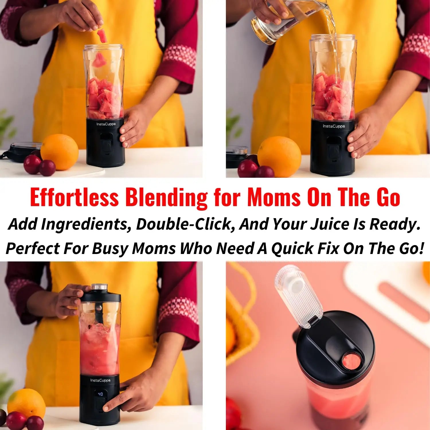 InstaCuppa Portable Blender Bottle | Long Lasting 6000 mAh Battery with Fast Charging | LED Display for Battery Status & 40-Second Blend Timer | Sipper Lid & Detachable Bottom Cap | 230 Watts, 600 ML 