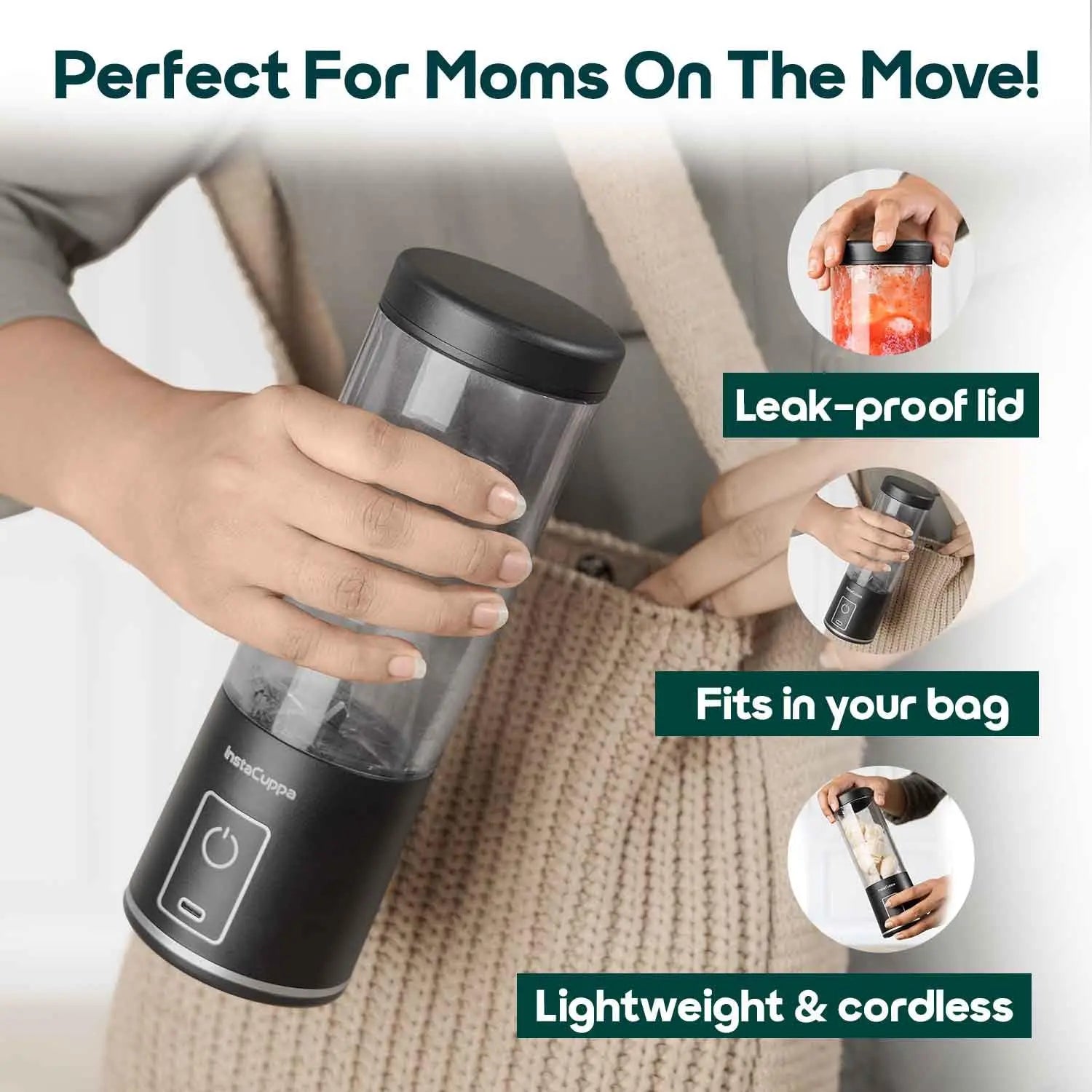 InstaCuppa Portable Blender Bottle – USB Rechargeable, 450ml, 304 Stainless Steel Blades, 22000 RPM, Quick Blend & Pulse Mode, Child Lock, for Smoothies, Shakes, Baby Food, Travel-Friendly 