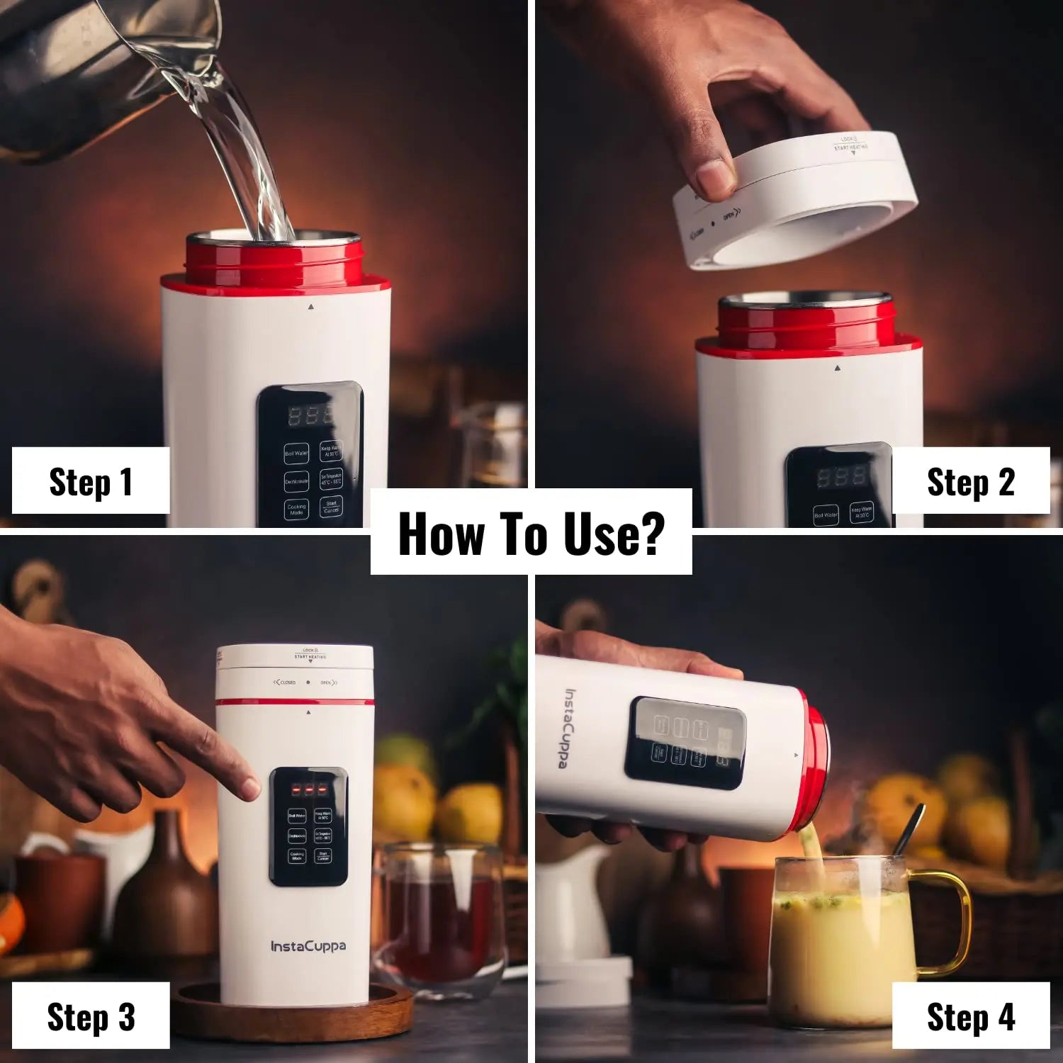 InstaCuppa Portable Electric Kettle With Temperature Control, Travel Electric Water Bottle For Boiling Hot Water with Cool Touch Exterior, Automatic Shut Off, Dry Boil Protection, 500 ML, 300 Watts 