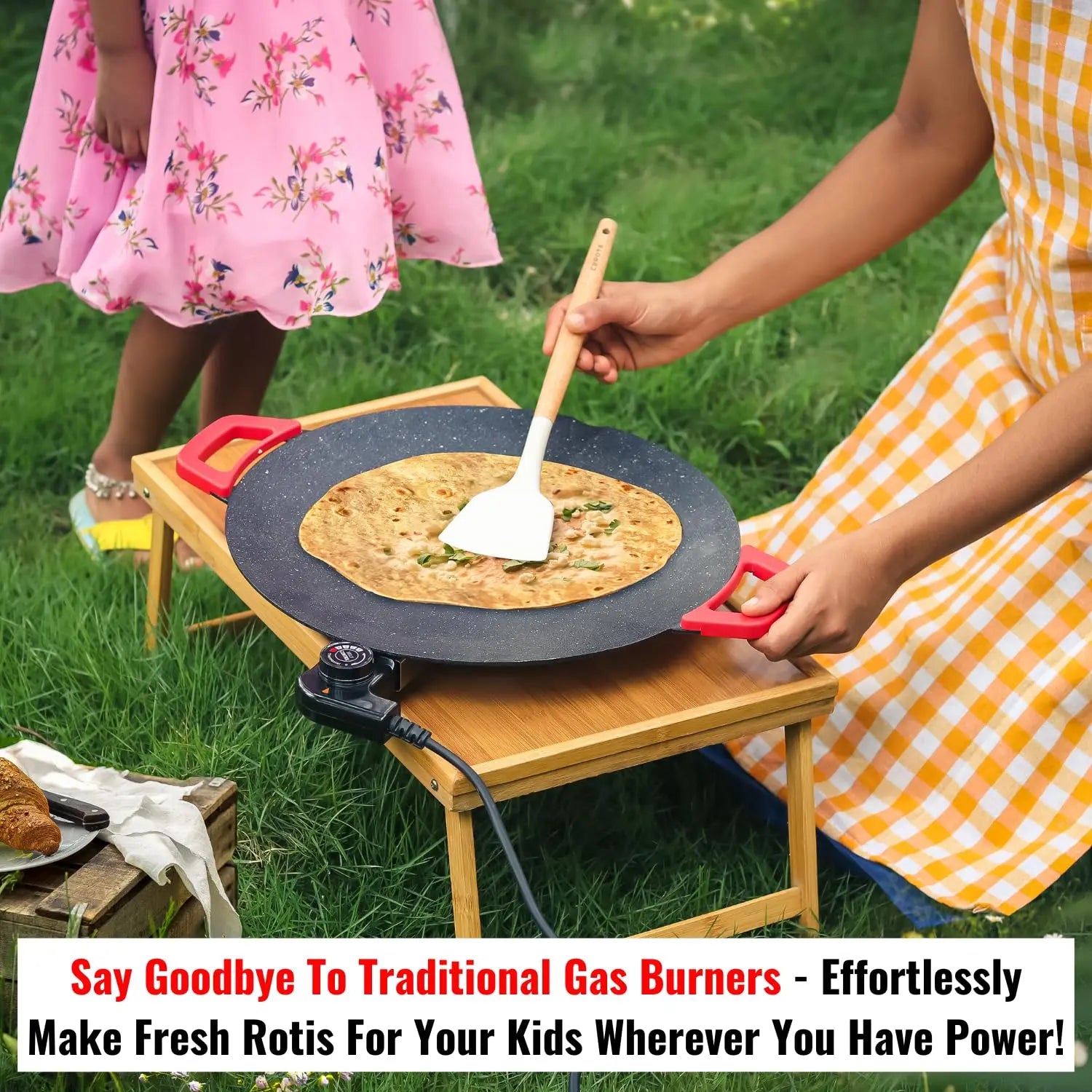 InstaCuppa Portable Electric Tawa 14 Inch (35 CM) with Temperature Control - Ideal for Dosa, Roti, Chapati, Uthappam, Paratha, Naan - Large Non-Stick Surface - Safe, Quick & Even Heating, 1500 Watts 
