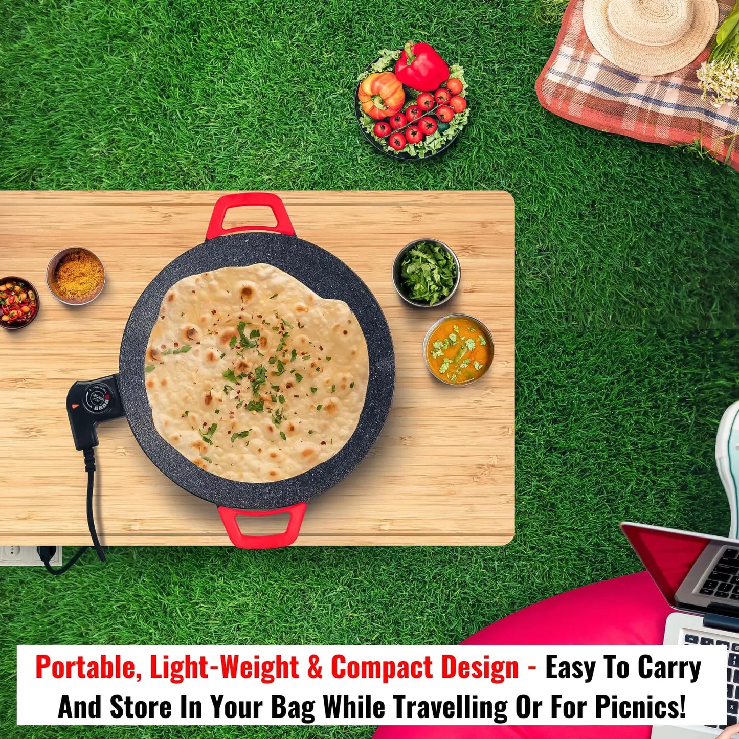 InstaCuppa Portable Electric Tawa 14 Inch (35 CM) with Temperature Control - Ideal for Dosa, Roti, Chapati, Uthappam, Paratha, Naan - Large Non-Stick Surface - Safe, Quick & Even Heating, 1500 Watts 