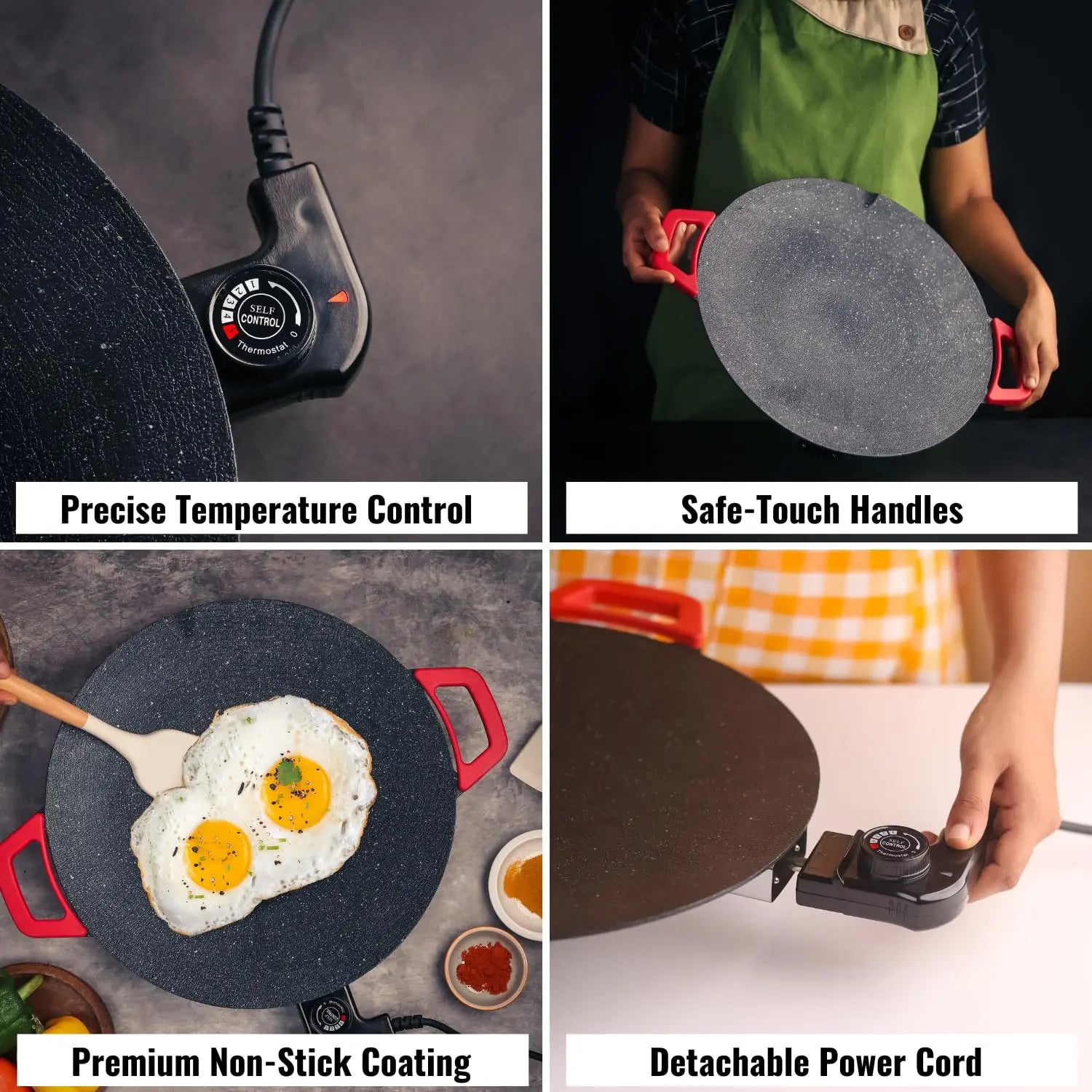 InstaCuppa Portable Electric Tawa 14 Inch (35 CM) with Temperature Control - Ideal for Dosa, Roti, Chapati, Uthappam, Paratha, Naan - Large Non-Stick Surface - Safe, Quick & Even Heating, 1500 Watts 
