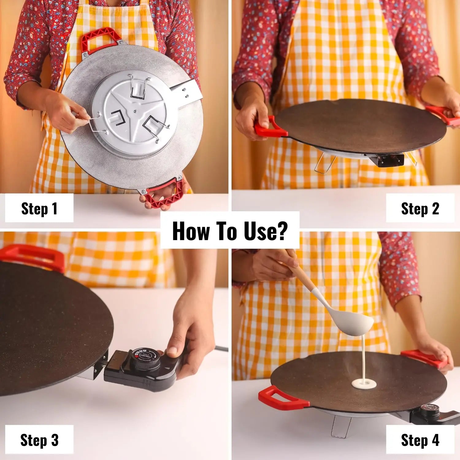 InstaCuppa Portable Electric Tawa 14 Inch (35 CM) with Temperature Control - Ideal for Dosa, Roti, Chapati, Uthappam, Paratha, Naan - Large Non-Stick Surface - Safe, Quick & Even Heating, 1500 Watts 