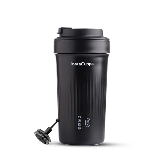 InstaCuppa Portable Milk Frother Mug – 4 Settings | Froths Milk, Stirs Cold Drinks, Boils Water, Keeps Warm | 300ml Capacity, Stainless Steel Interior with Nonstick Coating, Lid with Spout 