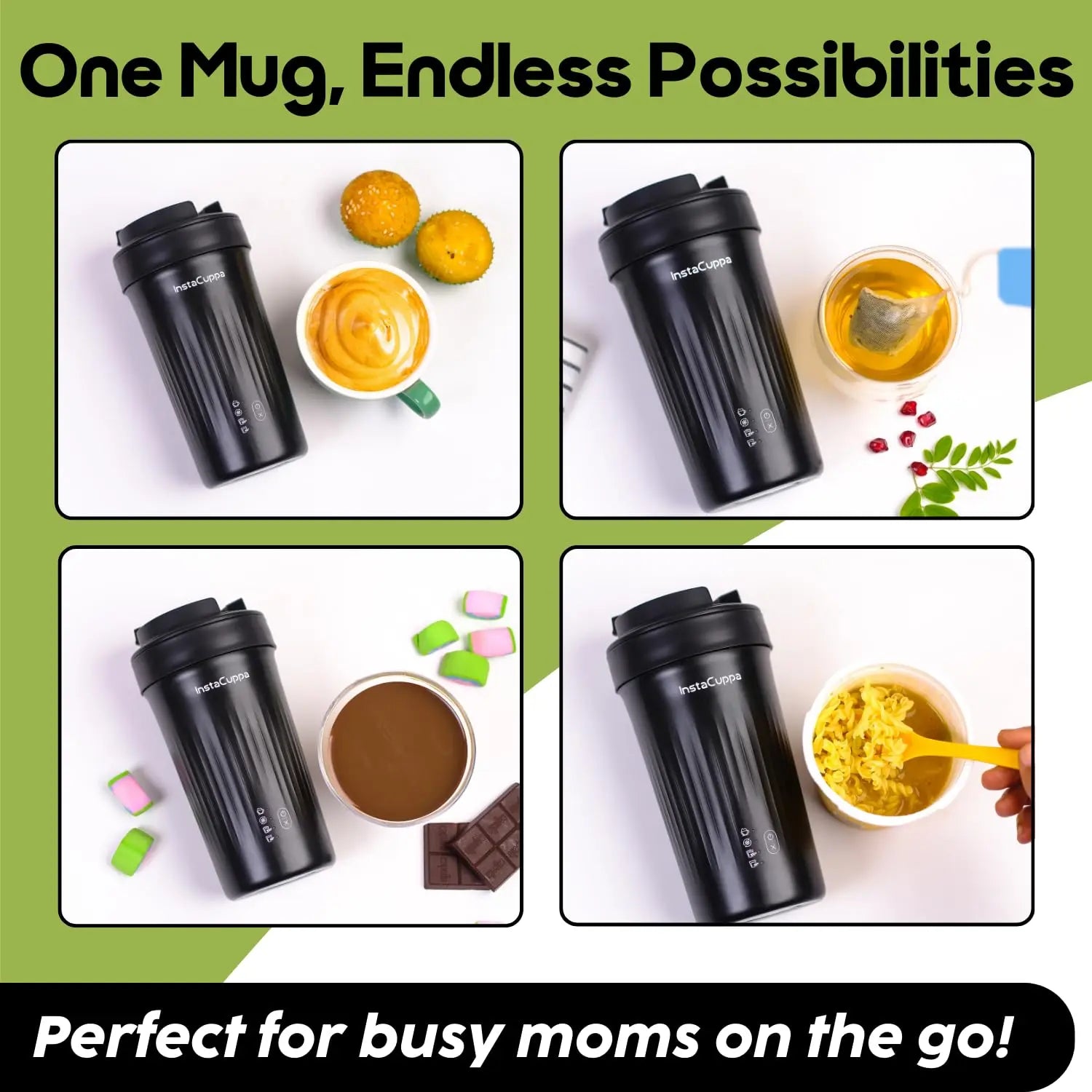 InstaCuppa Portable Milk Frother Mug – 4 Settings | Froths Milk, Stirs Cold Drinks, Boils Water, Keeps Warm | 300ml Capacity, Stainless Steel Interior with Nonstick Coating, Lid with Spout 