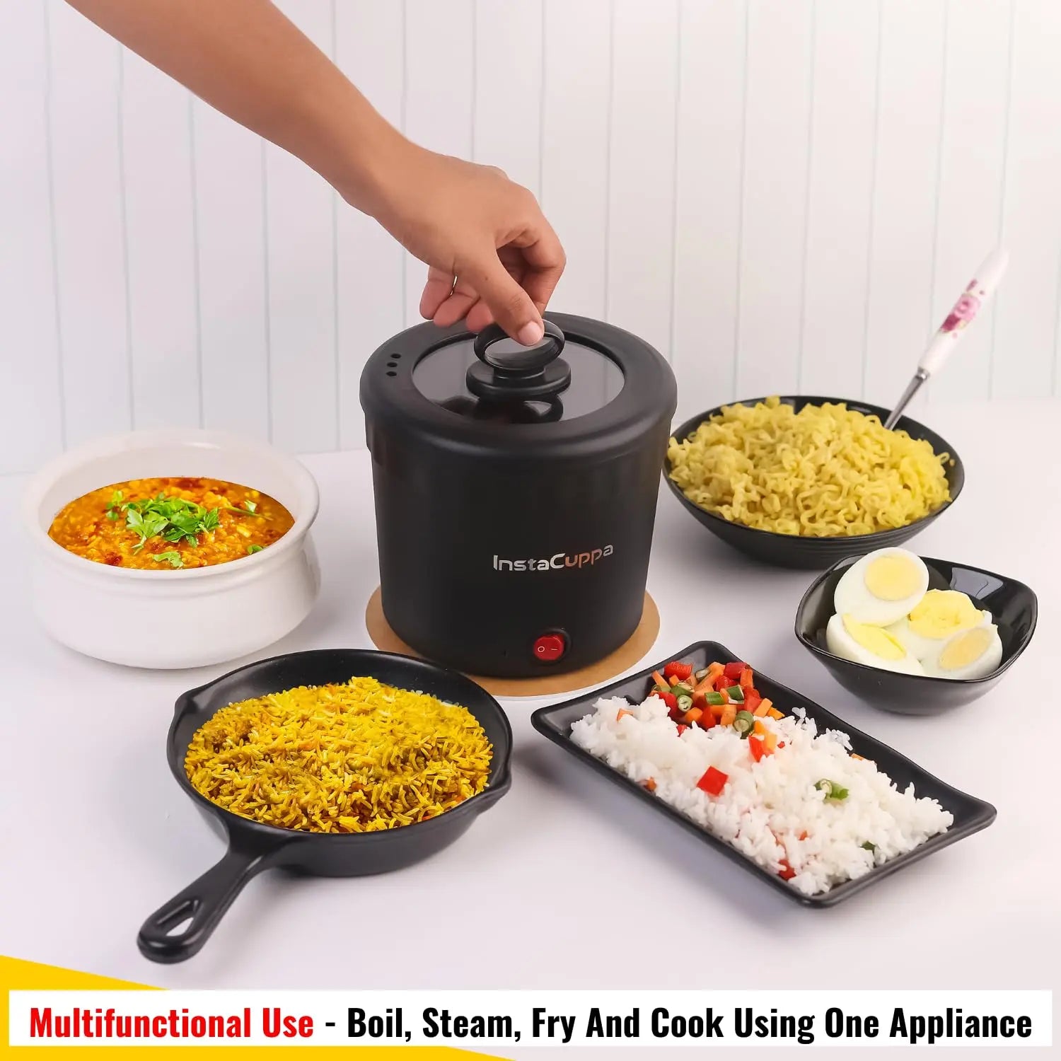 InstaCuppa Portable Multi Cook Electric Kettle with Non-Stick Inner Pot, Dry Boil Protection for Safety, Compact & Light Weight, Ideal for Boiling Milk, Tea, Coffee & Eggs, 1 Liter, 450 Watts, Black 
