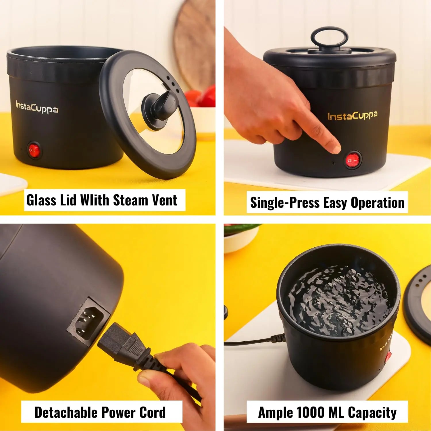 InstaCuppa Portable Multi Cook Electric Kettle with Non-Stick Inner Pot, Dry Boil Protection for Safety, Compact & Light Weight, Ideal for Boiling Milk, Tea, Coffee & Eggs, 1 Liter, 450 Watts, Black 