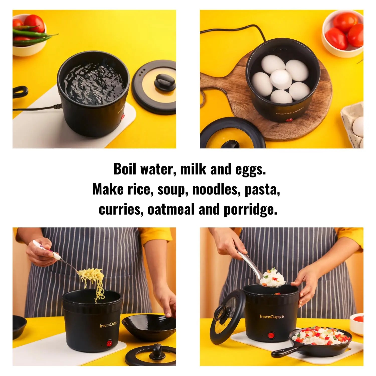 InstaCuppa Portable Multi Cook Electric Kettle with Non-Stick Inner Pot, Dry Boil Protection for Safety, Compact & Light Weight, Ideal for Boiling Milk, Tea, Coffee & Eggs, 1 Liter, 450 Watts, Black 