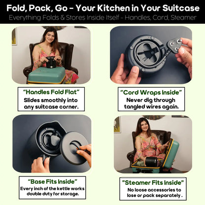 InstaCuppa Portable Multicook Kettle 1000ml | Non-Stick Version - Fry Eggs, Cook & Boil Without Sticking | Keep Warm, Auto Shut-Off & Easy To Clean | Free Egg Tray Included |  Foldable Design - Perfect For Busy Moms Who Travel 